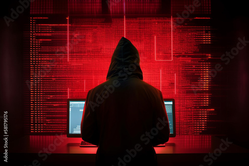 Illustration of threat actor attempted to launch a cyber attack. Anonymous hacker in data center. Implanted malware and ransomware. Generative AI