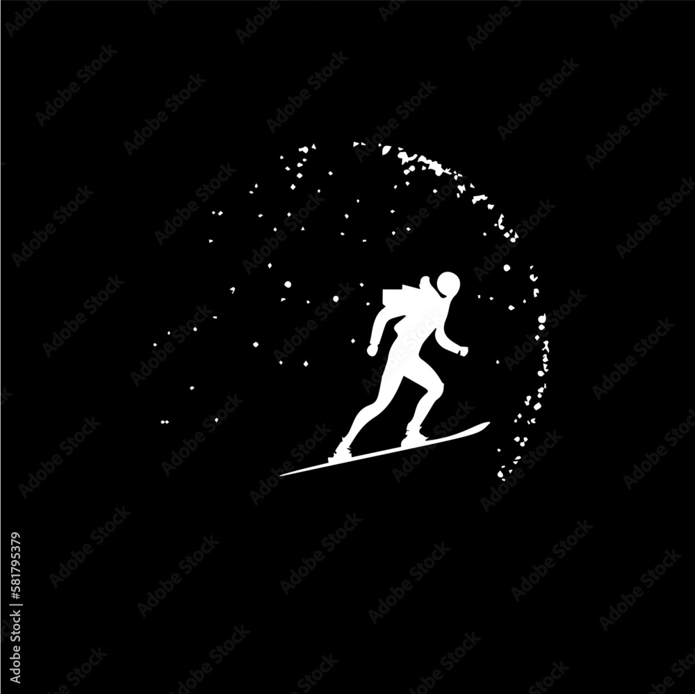 Skier logo template, mountain skis emblem, dotwork tattoo with dots shading, tippling tattoo. Hand drawing emblem on black background for body art, monochrome sketch art. Vector illustration