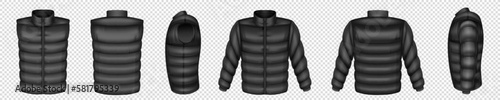 Realistic set of puffer jacket and vest mockups isolated on transparent background. Vector illustration of black waistcoat, sleeveless outwear front, back, side view. Warm winter, demi season clothes