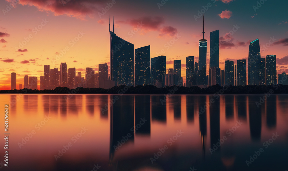  a picture of a city skyline with a reflection in the water.  generative ai