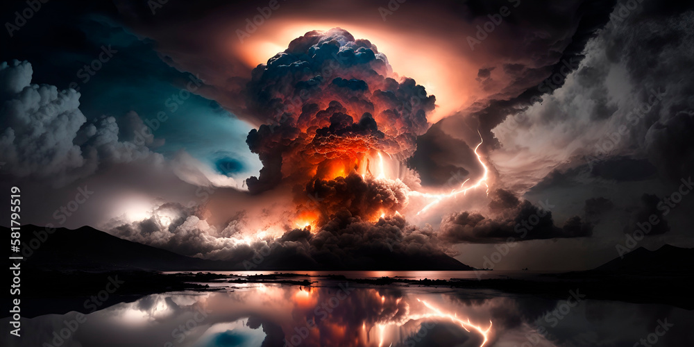 3D eruption volcano terrible deasuster nature. Mountain dark clouds ash sky. Red light outdoor smoke dangerous environment rendering illustration background - obrazy, fototapety, plakaty 