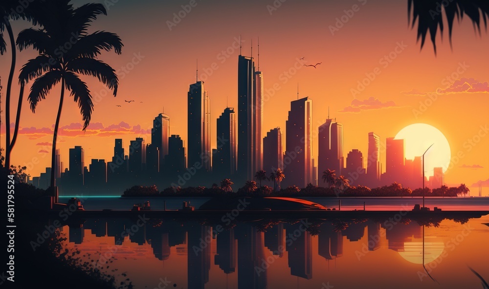  a city skyline with palm trees and a sunset in the background.  generative ai