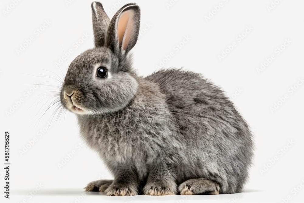 Fototapeta premium Cute little gray rabbit sitting alone on a white background. Lovely movement by the juvenile rabbit. Generative AI