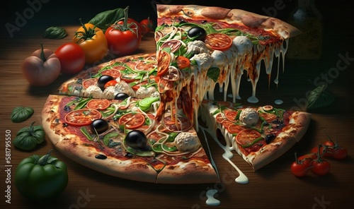  a pizza with a slice taken out of it and a bunch of vegetables around it. generative ai
