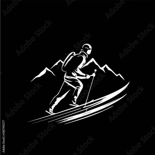 Mountain climbing logo template, hiking emblem, dotwork tattoo with dots shading, tippling tattoo. Hand drawing emblem on black background for body art, monochrome sketch art. Vector illustration