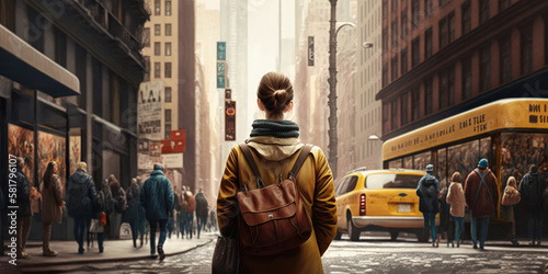 Alone in new york or, walking in New York, a walkable City. A girl or woman's back with New York cityscape in the background. Generative AI. photo