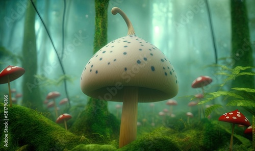  a group of mushrooms that are in the grass near trees.  generative ai