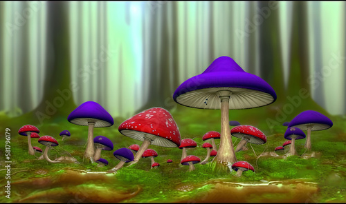  a group of mushrooms in the middle of a green forest. generative ai