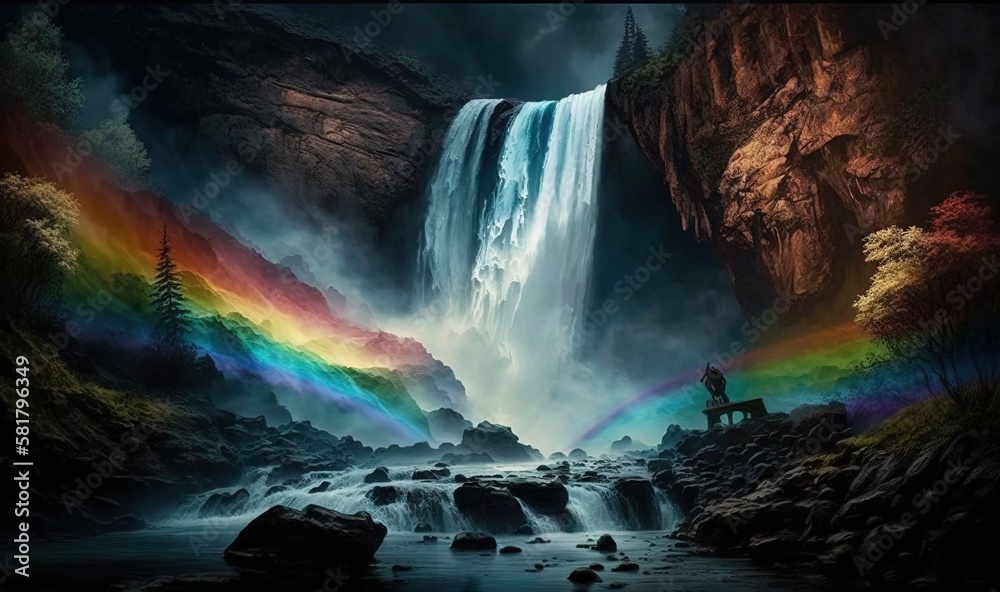 a man sitting on a rock near a waterfall with a rainbow. generative ai a man sitting on a rock near a waterfall with a rainbow. generative ai