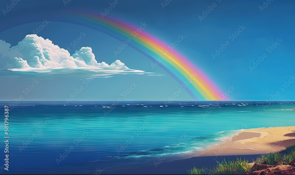 a painting of a rainbow over the ocean and a beach.  generative ai