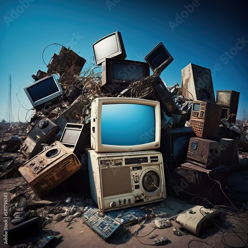 Electronic scrapyard with lots of discarded technology, generative ai