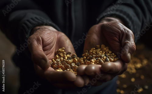 Gold Nuggets held in the hands of a prospector. Concept of mining and striking gold. Illustrative Generative AI.