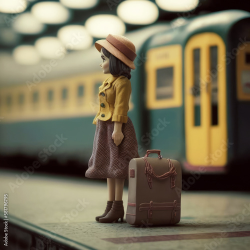 Clay woman with suitcases on the platform of the station waiting for the arrival of the train. Illustration in retro style. Claymation style. Tilt-Shift illustration. miniature scene. AI generated.