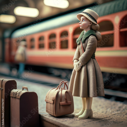 Clay woman with suitcases on the platform of the station waiting for the arrival of the train. Illustration in retro style. Claimation style. Tilt-Shift illustration. miniature scene. AI generated.