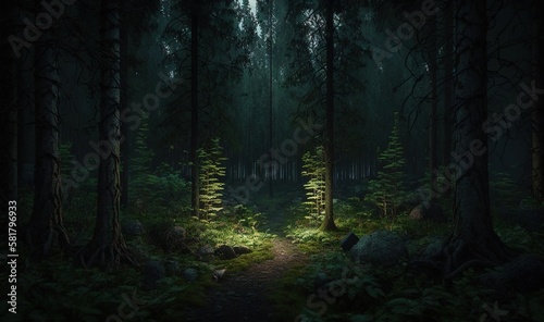  a dark forest with a path leading to a light at the end.  generative ai