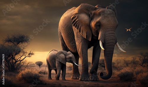  a large elephant and a small elephant standing in a field. generative ai