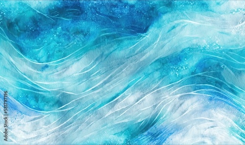  a painting of a blue and white wave with white swirls. generative ai