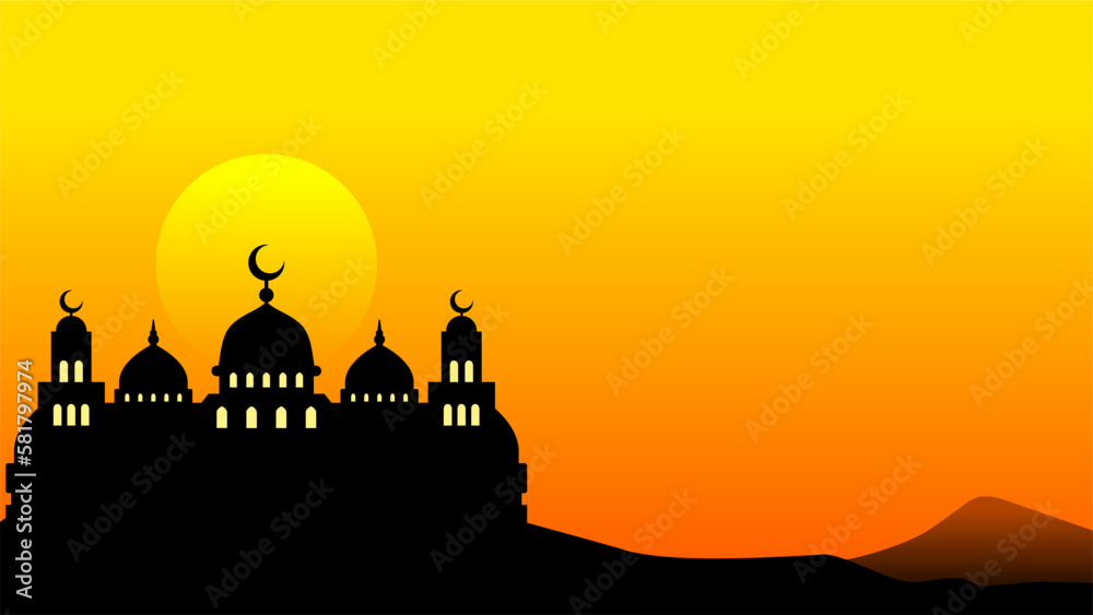 Ramadan background of silhouette mosque in sunset for islamic design. Design graphic of mosque for ramadan greeting in muslim culture and islam religion. Landscape illustration ramadan culture