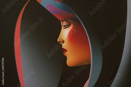 Plakat inspirowany latami siedemdziesiątymi, vintage, profil kobiety w ciepłych kolorach. Wygenerowane przez AI.