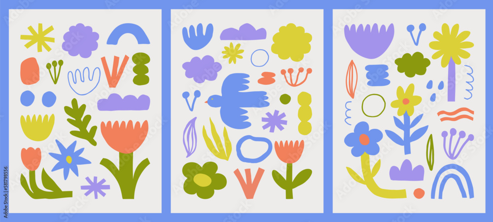 Trendy vector set of abstract pieces. Spring bloom. Hand drawn modern forms for card, print on clothes. Creative collage.