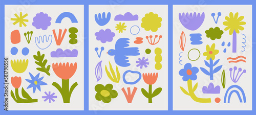 Trendy vector set of abstract pieces. Spring bloom. Hand drawn modern forms for card  print on clothes. Creative collage.