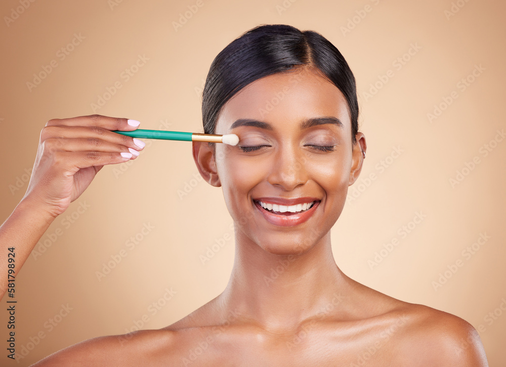 Fototapeta premium Makeup brush, eyes closed or happy woman with beauty, facial products or luxury self care on studio background. Model face or young Indian girl with eyeshadow cosmetics, glowing skincare or smile