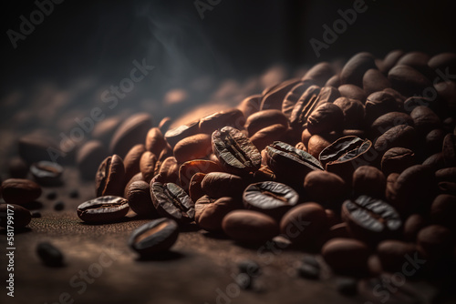 Pile of roasted coffee beans on dark background. Created with Generative AI Technology