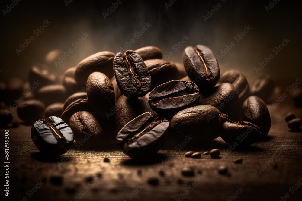 Fototapeta premium Pile of roasted coffee beans on dark background. Created with Generative AI Technology