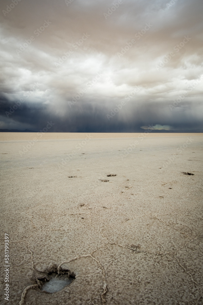 Fototapeta premium vertical of Salar de Uyuni Bolivian Tourism Salt Flat with hole on the ground and dramatic storm sky 