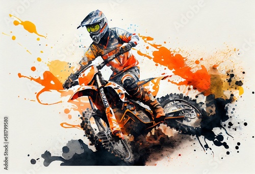Watercolor Illustration of a Motocross Rider, Ktm Dirtbike. Motorsport. Generative AI photo