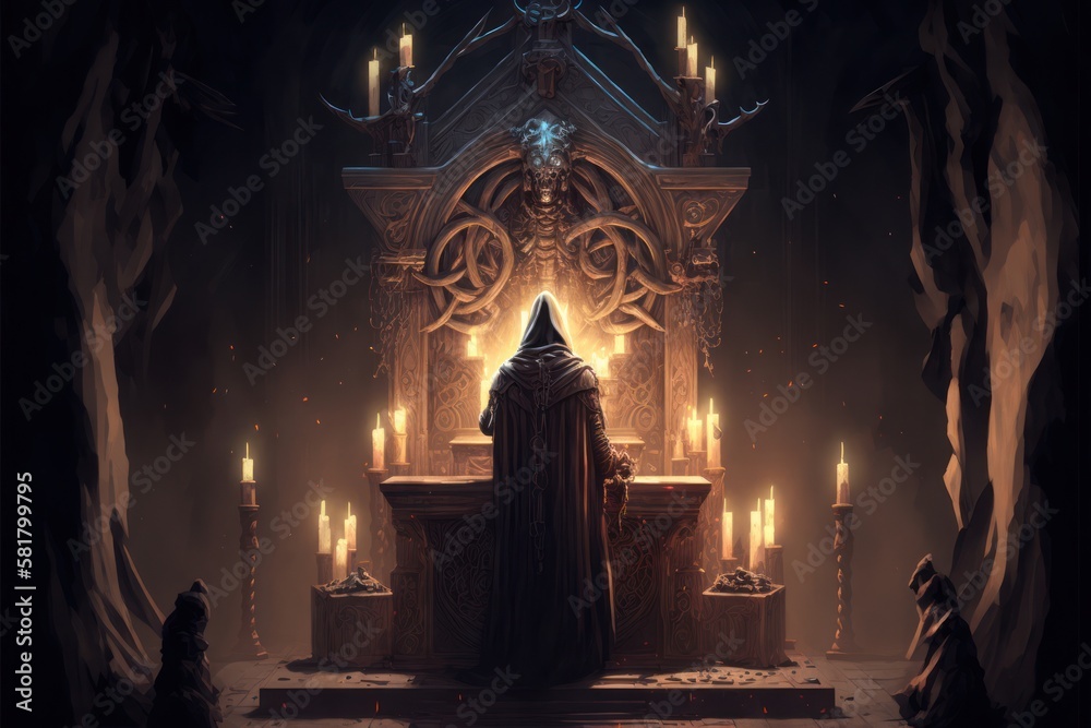 Eerie and Spooky Cultist Altar to an Evil Entity or God, Concept Art, Digital Illustration, Generative AI