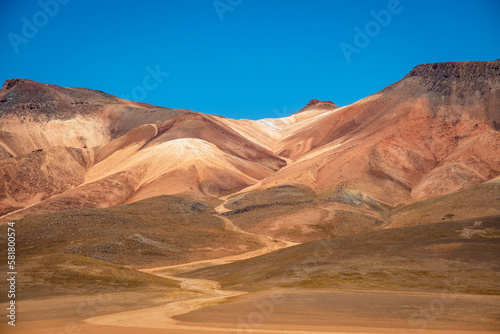 Laguna Route in Bolivia  Sand Desert Formation and Salt Water Lake Lagoon  Travel Destination along Andean Cordillera  Altiplano