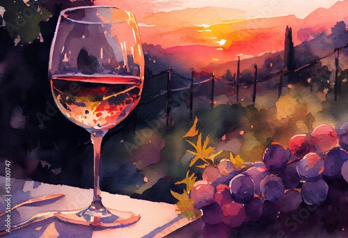 Watercolor Illustration of a Glass Of Wine In A Vineyard At Sunset. Generative AI