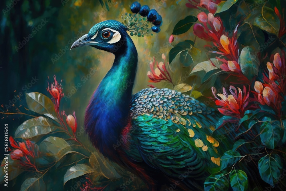 Fototapeta premium Colorful Peacock, High Quality oil painting on Canvas Hand Painted Modern Art Colorful Bird in the Jungle.
