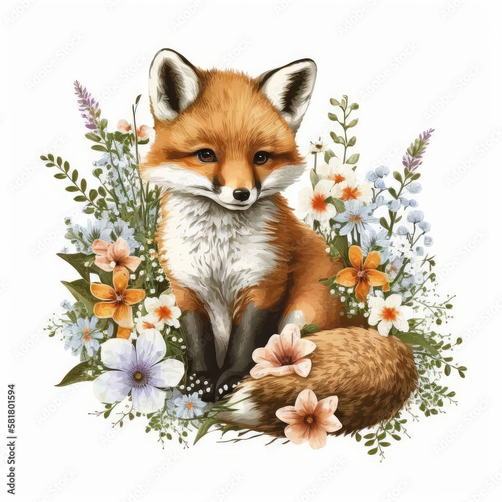 Obraz premium Cute Baby Fox Floral, Wildlife, Innocent, Playful, Charming, Spring Flowers, illustration ,clipart, isolated on white background