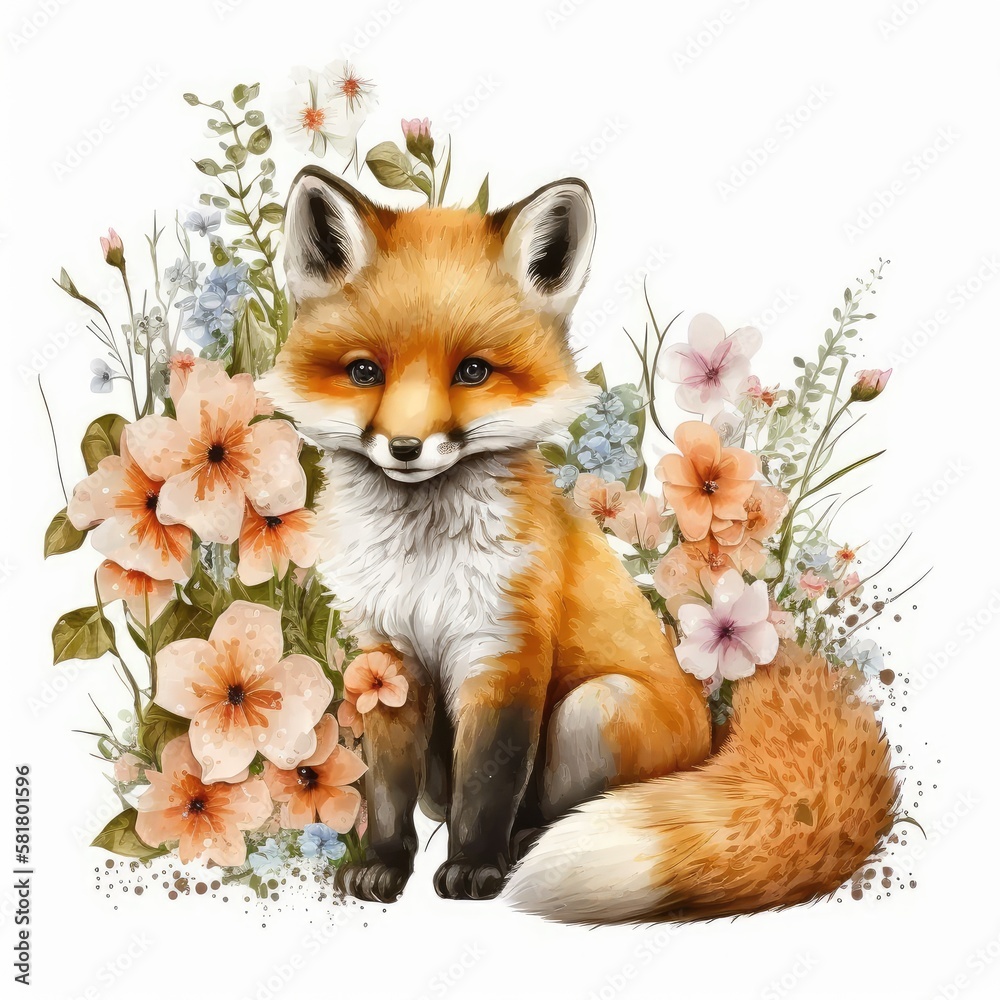 Obraz premium Cute Baby Fox Floral, Wildlife, Innocent, Playful, Charming, Spring Flowers, illustration ,clipart, isolated on white background