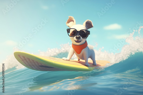 Cute Cartoon Dog on a Surfboard (Generative AI) © JJAVA