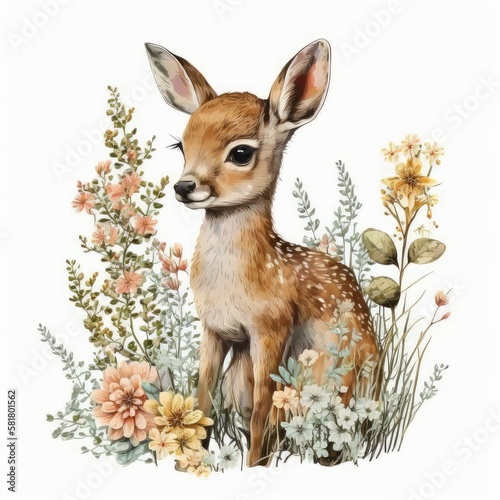 Cute Baby Deer Floral, Wildlife, Innocent, Playful, Charming, Spring Flowers, illustration ,clipart, isolated on white background