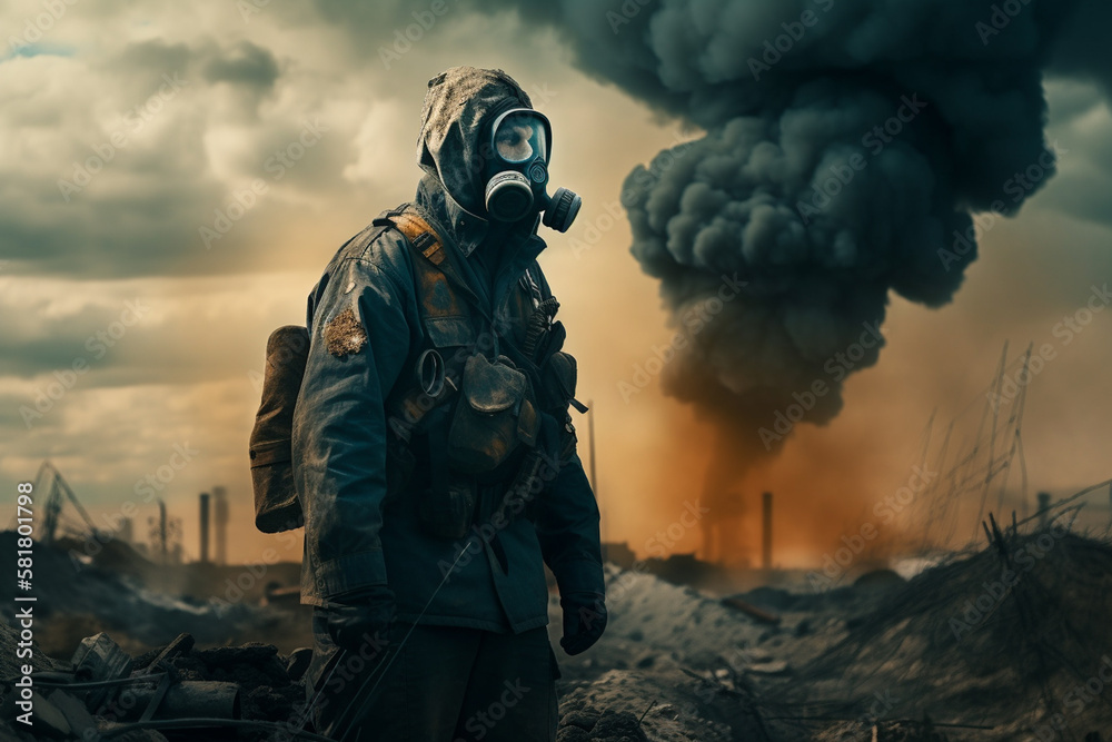 Post apocalyptic survivor in gas mask. Environmental disaster, armageddon concept. Generative ai. Post apocalyptic survivor in gas mask. Environmental disaster, armageddon concept. Generative ai.