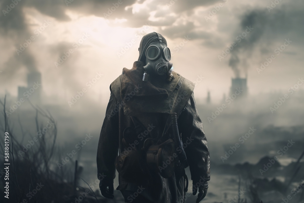 Post apocalyptic survivor in gas mask. Environmental disaster, armageddon concept. Generative ai. Post apocalyptic survivor in gas mask. Environmental disaster, armageddon concept. Generative ai.