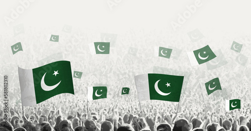 Abstract crowd with flag of Pakistan. Peoples protest, revolution, strike and demonstration with flag of Pakistan.