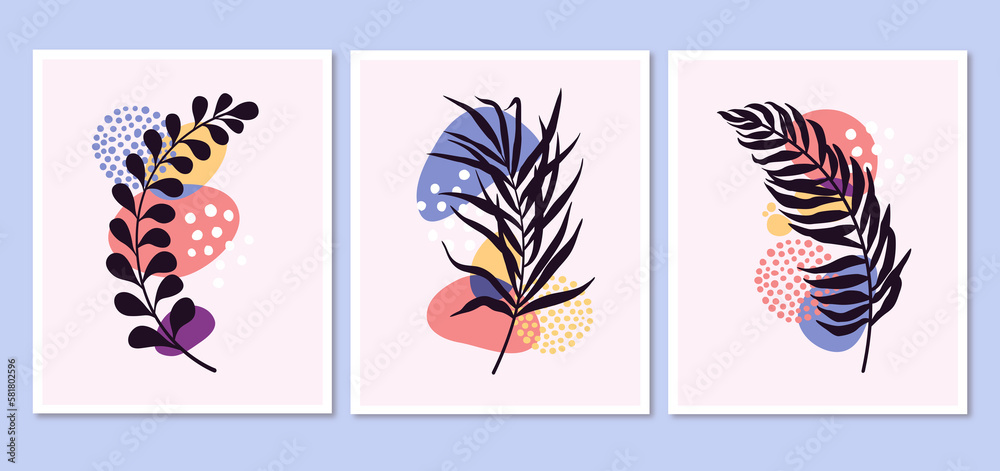 wall art vector set. Foliage line art drawing with abstract shape. Abstract Plant Art design for print, cover, wallpaper, Minimal and natural wall art