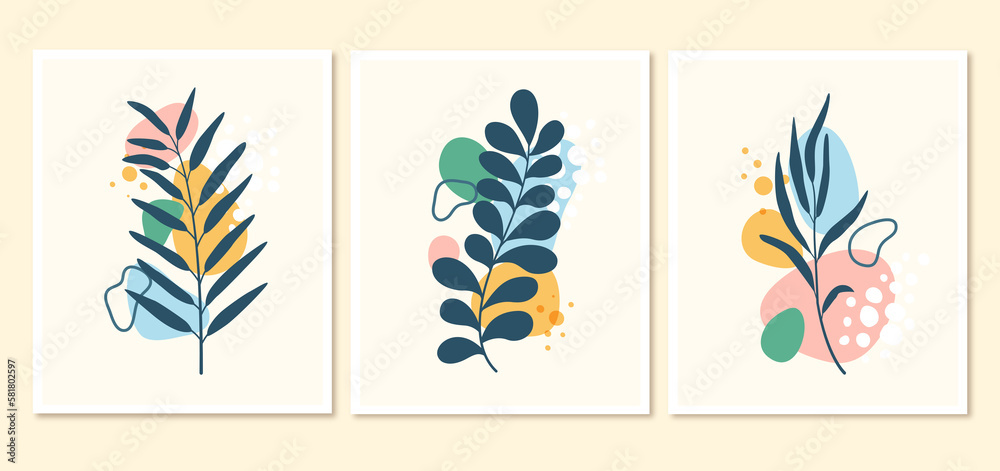 wall art vector set. Foliage line art drawing with abstract shape. Abstract Plant Art design for print, cover, wallpaper, Minimal and natural wall art