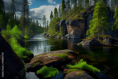 Mountain river runs along a beautiful landscape. AI Generated photo
