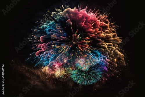 Variously colored fireworks explode against a pitch black sky. Generative AI