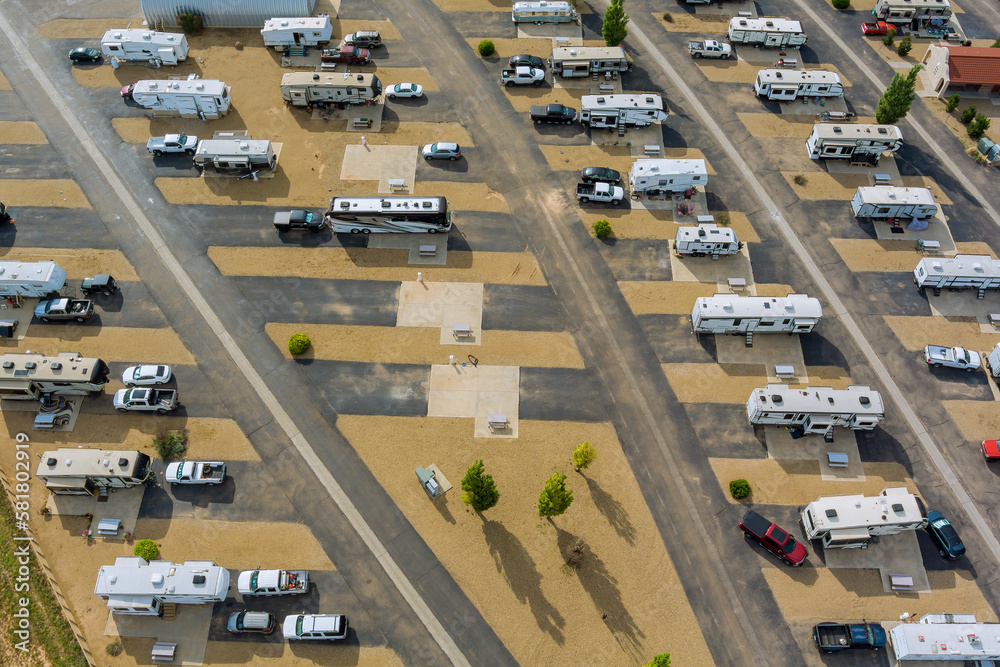 View from air of trailer RV vacation at recreational vehicle camping park where RVs can be parked