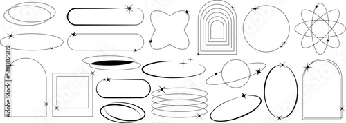 Modern minimalist aesthetic linear frames. Retro stars, starburst icons and minimalist frames and borders with twinkle star. Oval frame figures with sparkles. Vector illustration EPS 10