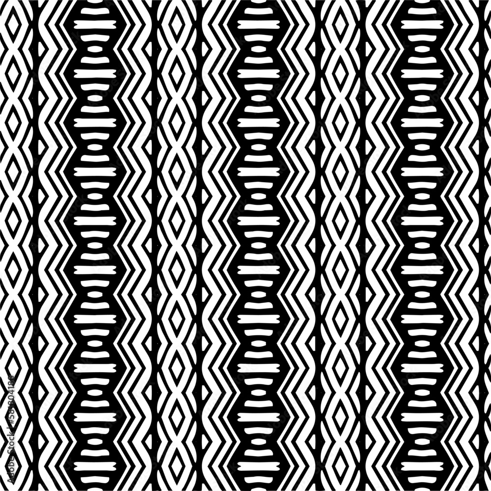 Vector geometric ornament in ethnic style. Seamless pattern with abstract shapes. Black and white geometric wallpaper. Repeating pattern for decor, textile and fabric.Abstraction art. Vector geometric ornament in ethnic style. Seamless pattern with abstract shapes. Black and white geometric wallpaper. Repeating pattern for decor, textile and fabric.Abstraction art.