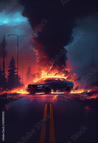 Burning car on the highway. AI Generated