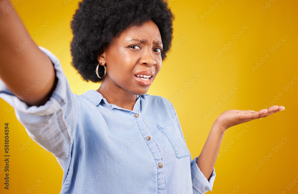 Selfie portrait, confused and woman with mock up space, advertising mockup or marketing promotion. Commercial girl, problem or African person puzzled with product placement deal on yellow background
